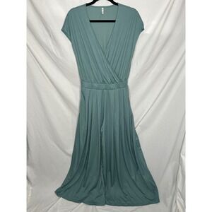 Halara V Neck Short Sleeve Super Wide Leg Flowy Green Waffle Casual Jumpsuit M